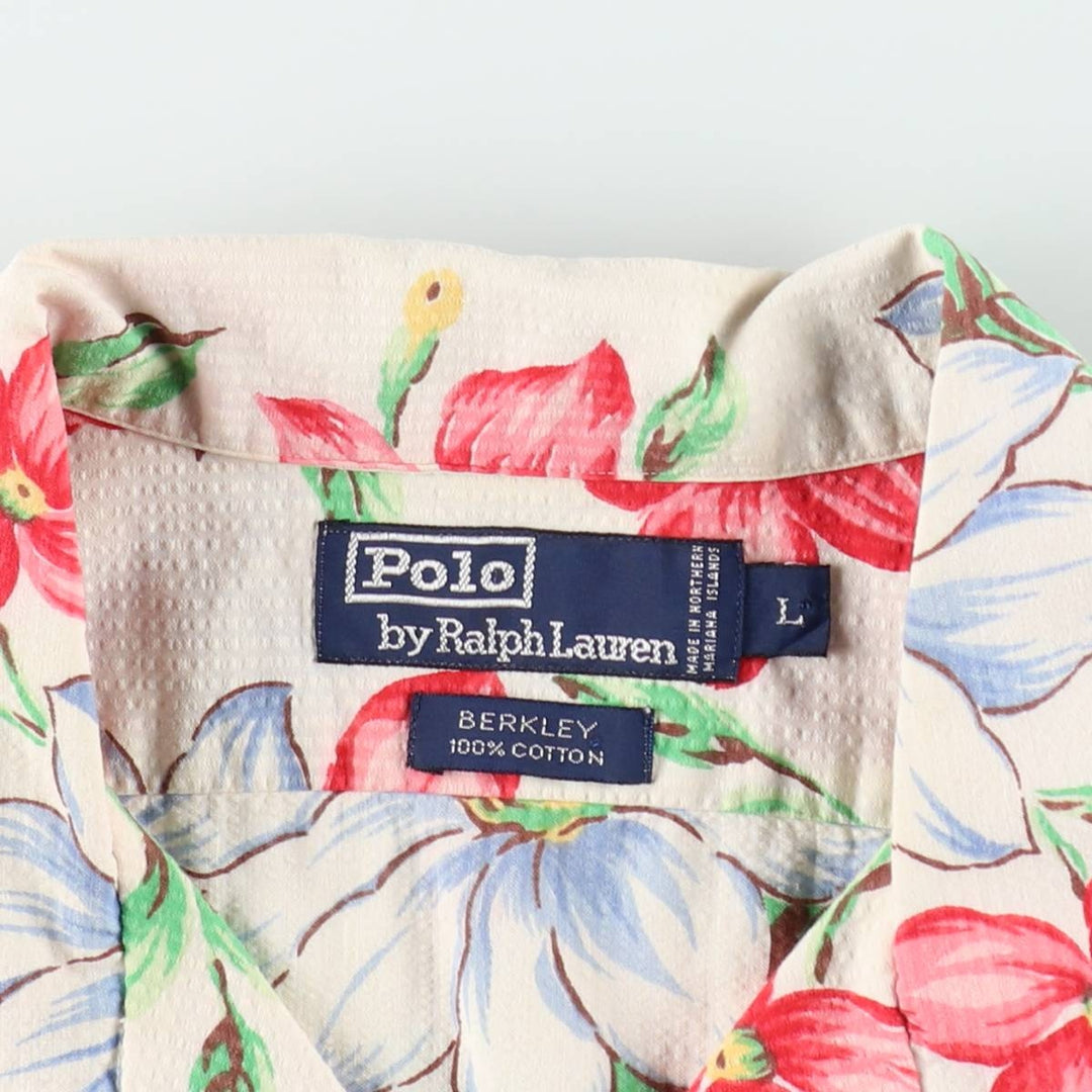 Ralph Lauren POLO by Ralph Lauren BERKLEY Floral Seersucker Hawaiian Aloha Shirt, Boxy Shirt, Men's Size L (approx.) cotton ivory Vintage Second Hand