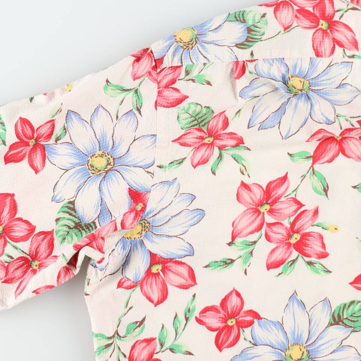 Ralph Lauren POLO by Ralph Lauren BERKLEY Floral Seersucker Hawaiian Aloha Shirt, Boxy Shirt, Men's Size L (approx.) cotton ivory Vintage Second Hand