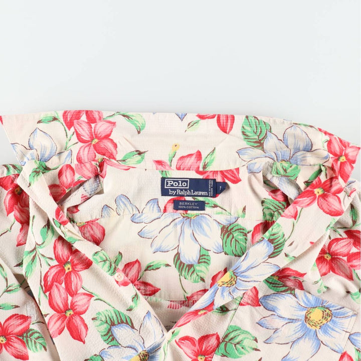 Ralph Lauren POLO by Ralph Lauren BERKLEY Floral Seersucker Hawaiian Aloha Shirt, Boxy Shirt, Men's Size L (approx.) cotton ivory Vintage Second Hand