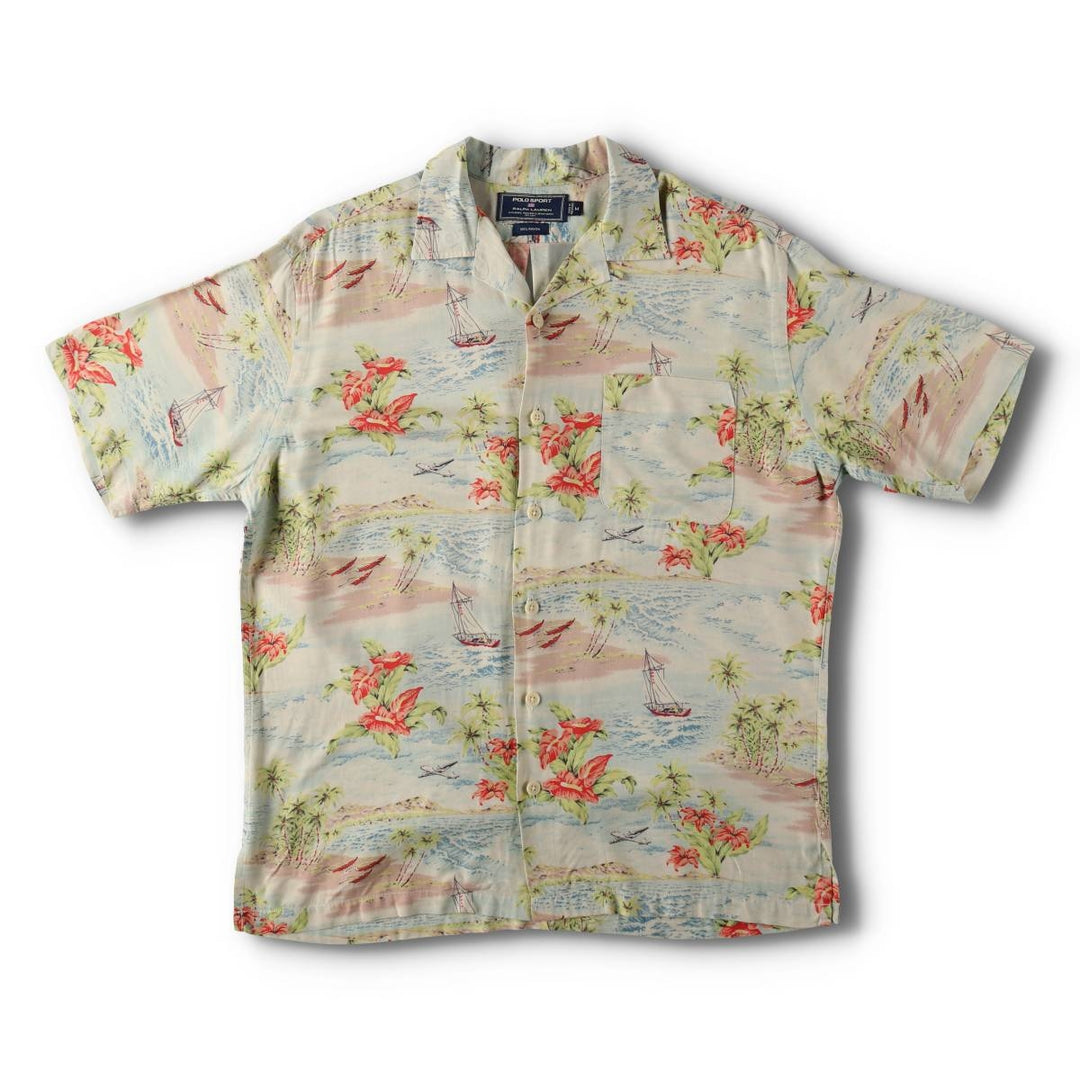 90'S Ralph Lauren Polo Sport all-over print open-collar rayon Hawaiian Aloha shirt, boxy fit, men's size M (approx.) Rayon Blue type light blue Vintage Second Hand