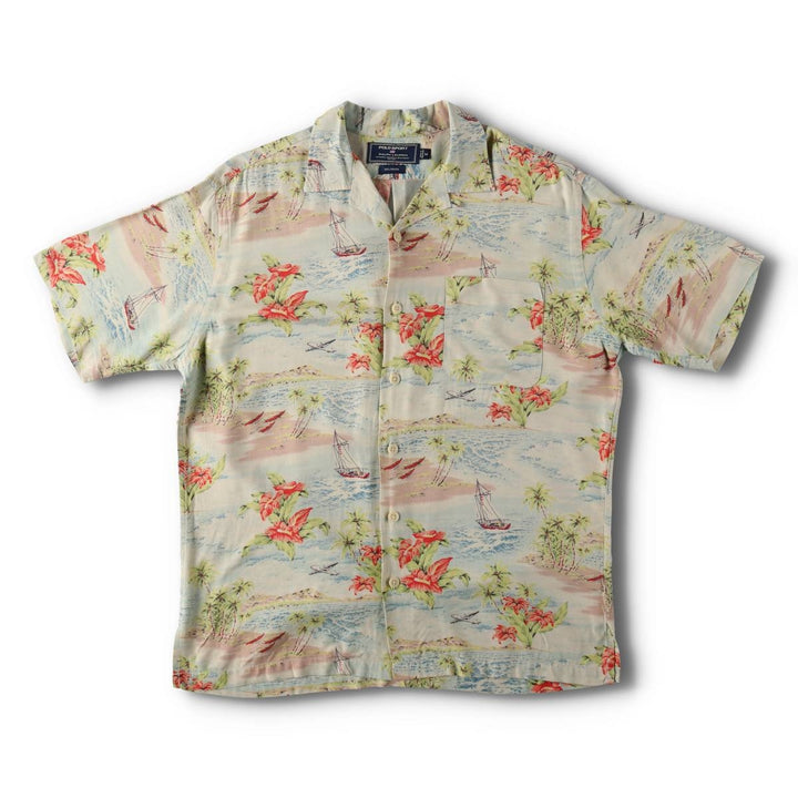 90'S Ralph Lauren Polo Sport all-over print open-collar rayon Hawaiian Aloha shirt, boxy fit, men's size M (approx.) Rayon Blue type light blue Vintage Second Hand