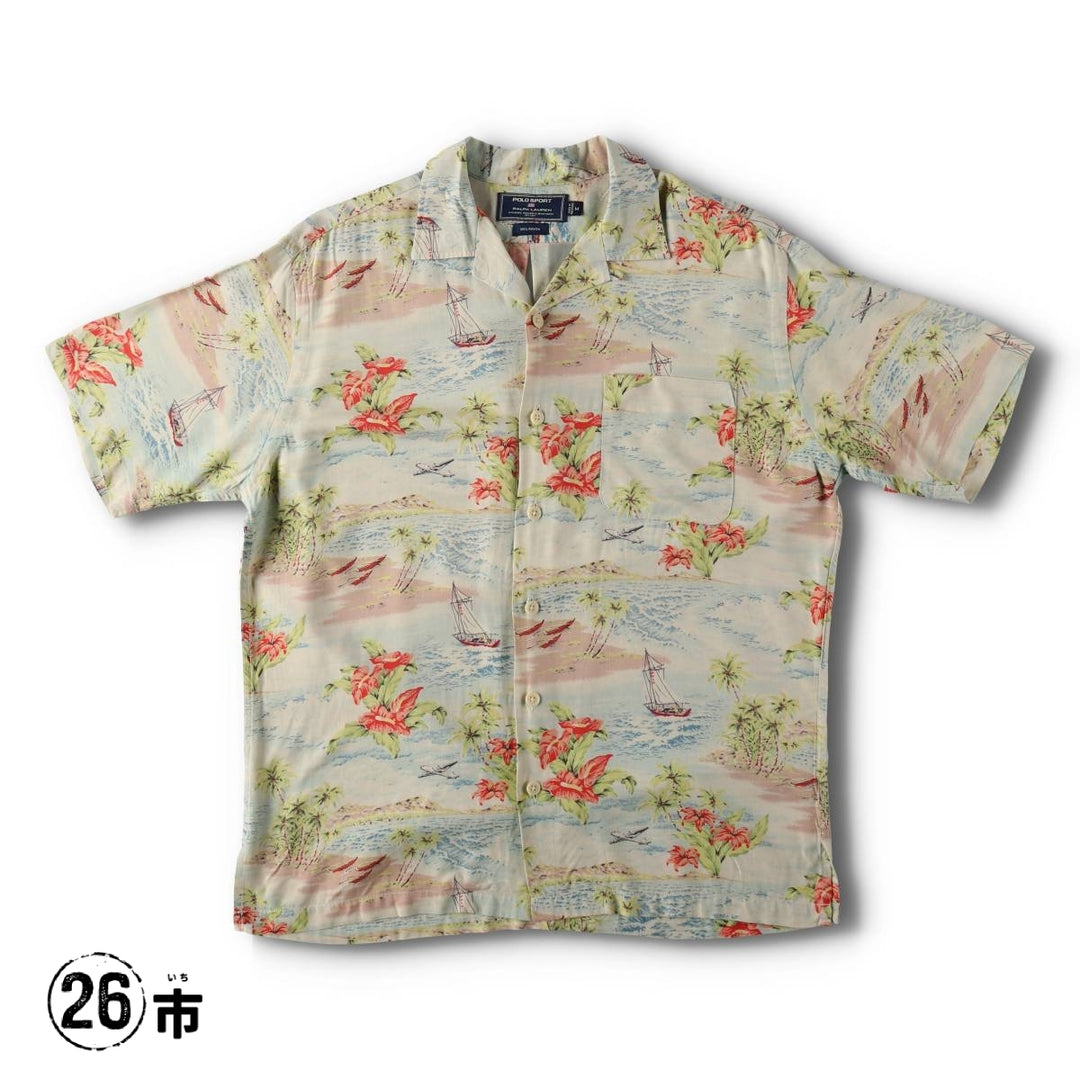 90'S Ralph Lauren Polo Sport all-over print open-collar rayon Hawaiian Aloha shirt, boxy fit, men's size M (approx.) Rayon Blue type light blue Vintage Second Hand