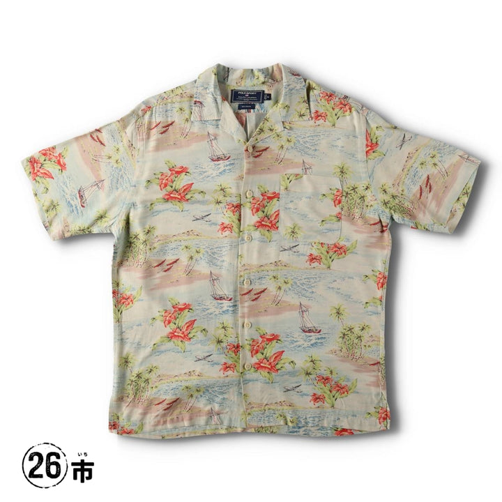 90'S Ralph Lauren Polo Sport all-over print open-collar rayon Hawaiian Aloha shirt, boxy fit, men's size M (approx.) Rayon Blue type light blue Vintage Second Hand