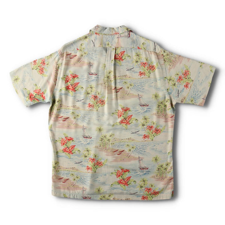 90'S Ralph Lauren Polo Sport all-over print open-collar rayon Hawaiian Aloha shirt, boxy fit, men's size M (approx.) Rayon Blue type light blue Vintage Second Hand