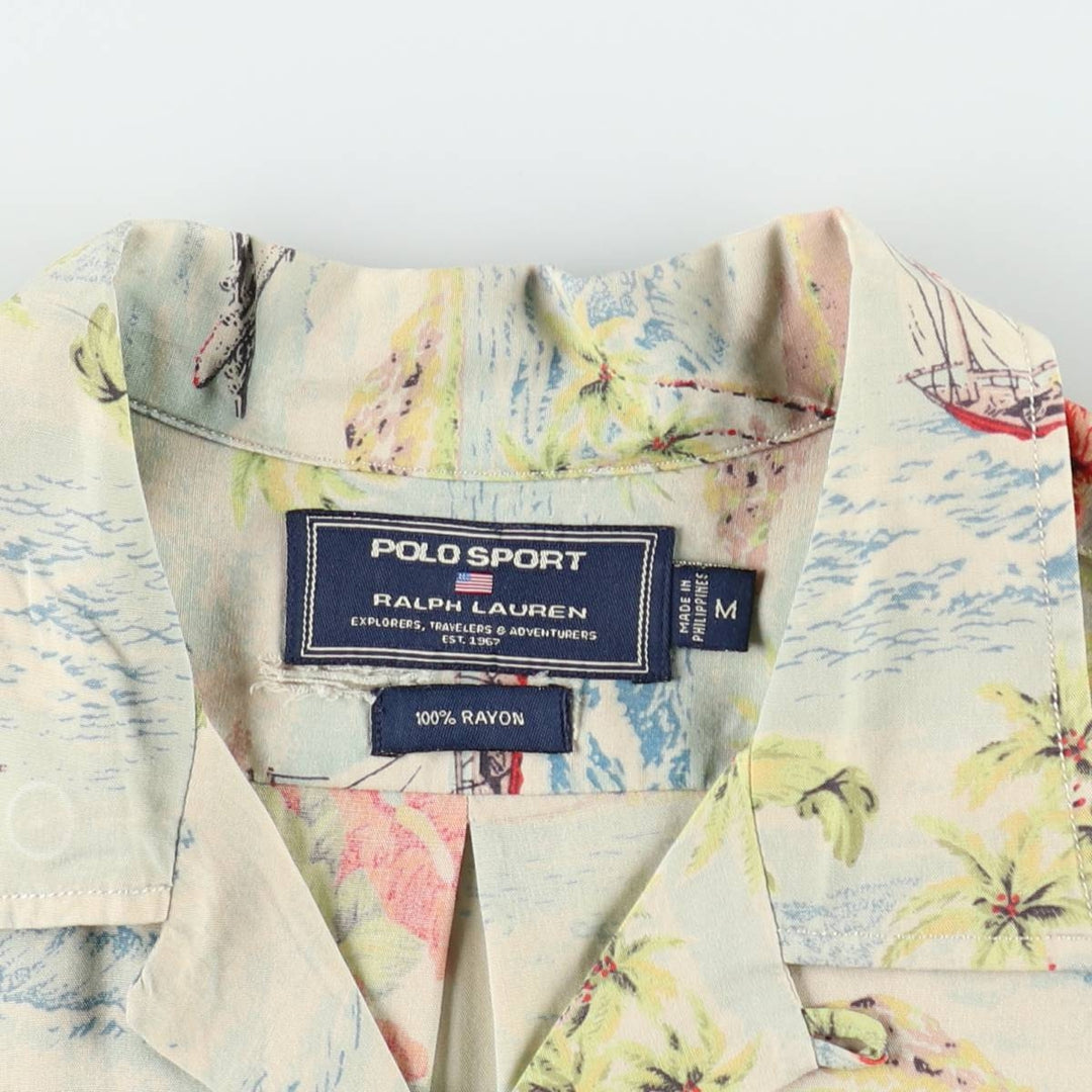 90'S Ralph Lauren Polo Sport all-over print open-collar rayon Hawaiian Aloha shirt, boxy fit, men's size M (approx.) Rayon Blue type light blue Vintage Second Hand