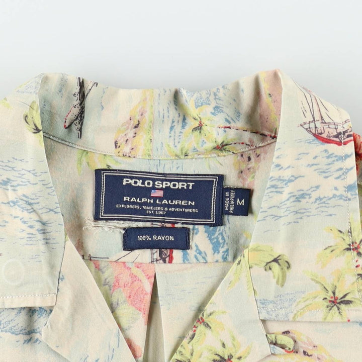 90'S Ralph Lauren Polo Sport all-over print open-collar rayon Hawaiian Aloha shirt, boxy fit, men's size M (approx.) Rayon Blue type light blue Vintage Second Hand