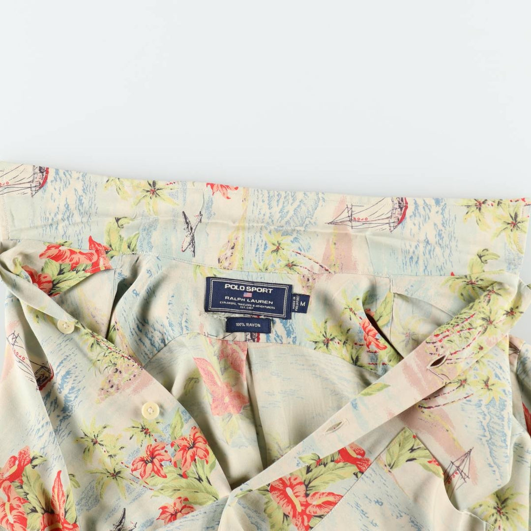 90'S Ralph Lauren Polo Sport all-over print open-collar rayon Hawaiian Aloha shirt, boxy fit, men's size M (approx.) Rayon Blue type light blue Vintage Second Hand
