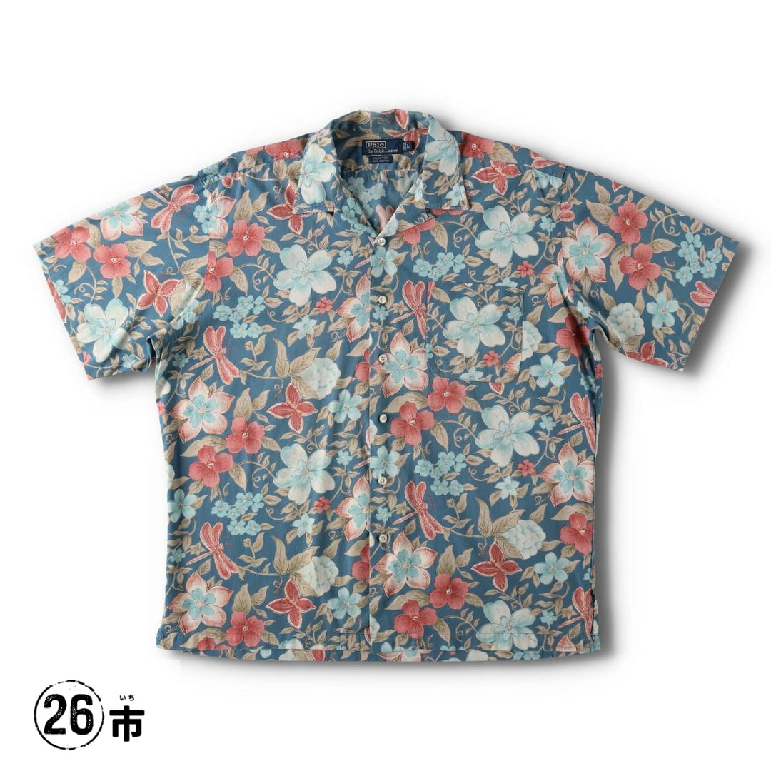 Ralph Lauren POLO by Ralph Lauren CLAYTON Floral Open Collar Hawaiian Aloha Shirt Box Shirt Men's Size L (approx.) cotton blue type Vintage Second Hand