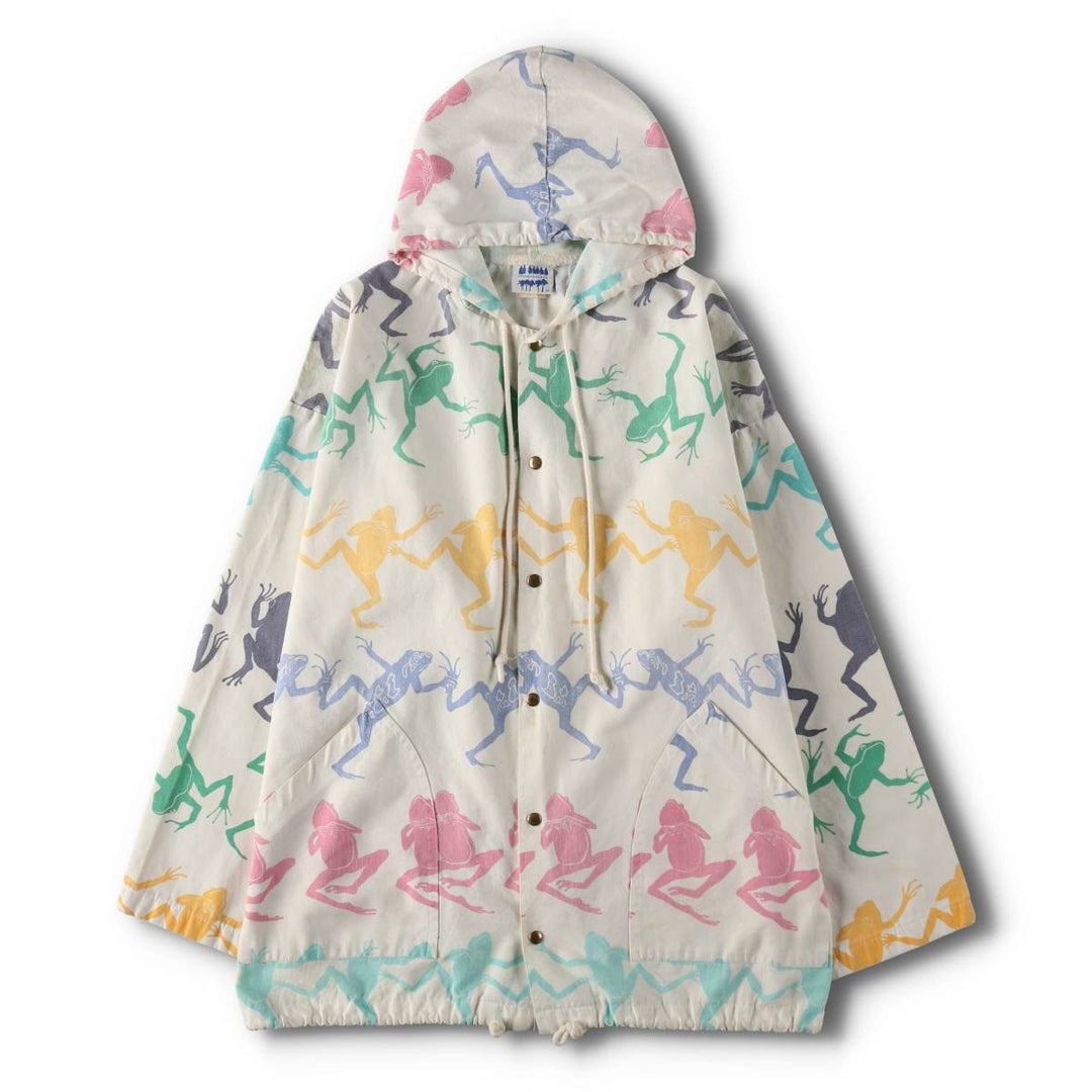 80s-90'S MICHIGAN RAG CO All-over Frog Pattern Poly/Cotton Hoodie, Men's Size L (Equivalent), Vintage cotton white type Vintage Second Hand