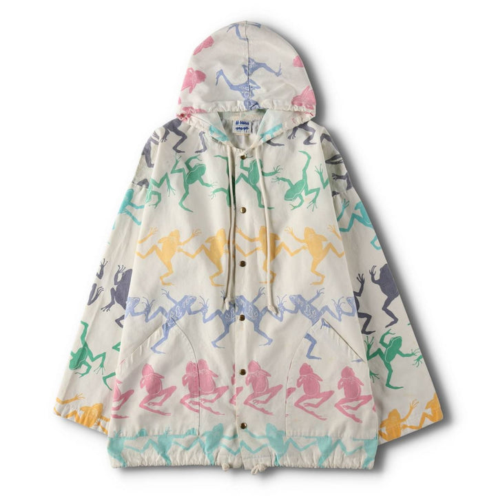 80s-90'S MICHIGAN RAG CO All-over Frog Pattern Poly/Cotton Hoodie, Men's Size L (Equivalent), Vintage cotton white type Vintage Second Hand