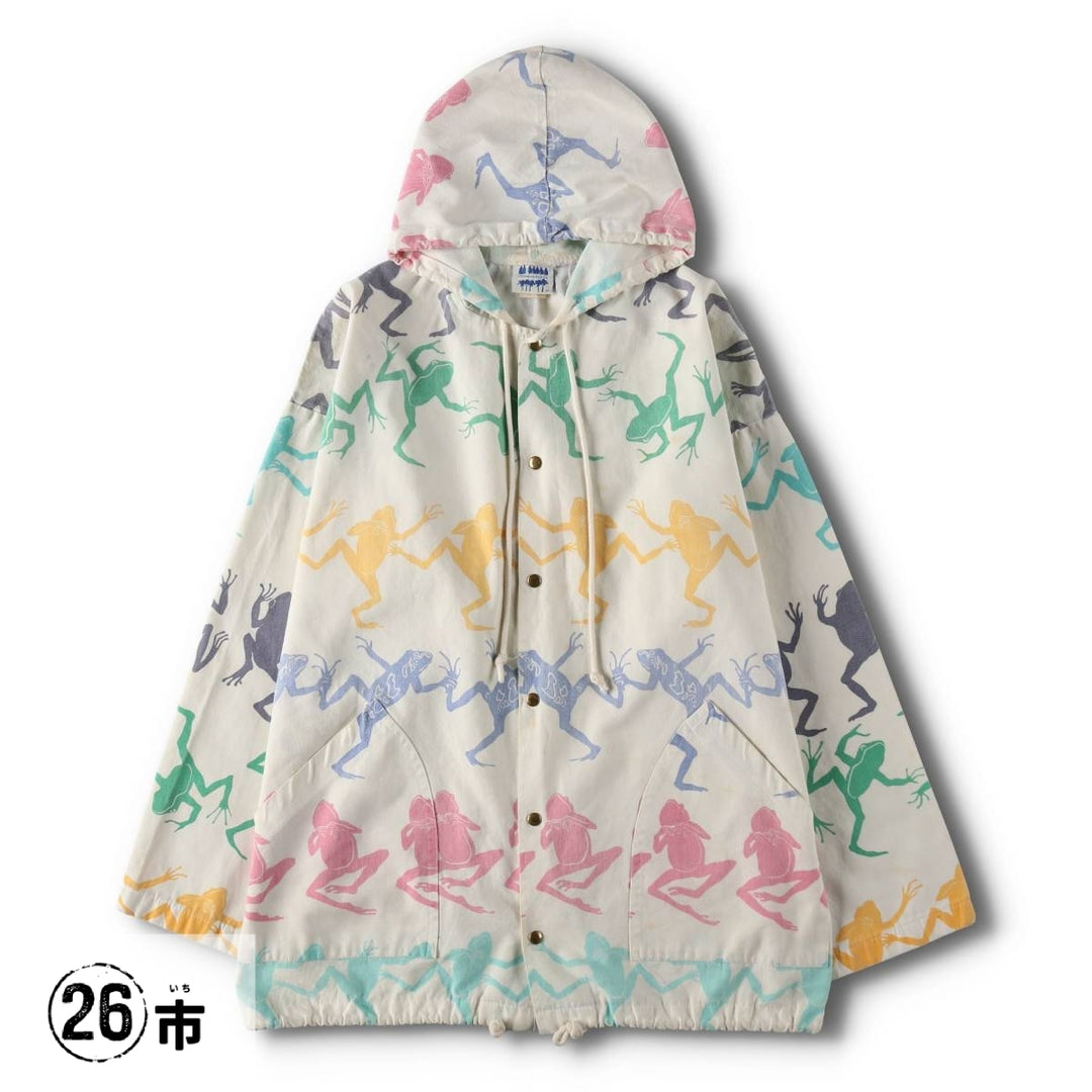 80s-90'S MICHIGAN RAG CO All-over Frog Pattern Poly/Cotton Hoodie, Men's Size L (Equivalent), Vintage cotton white type Vintage Second Hand