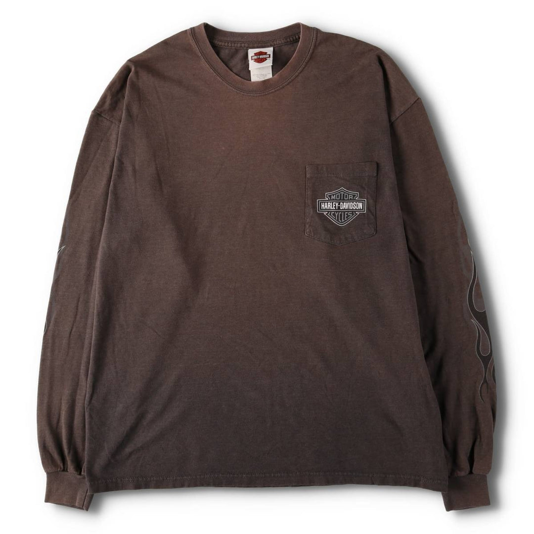 2000'S Harley-Davidson Fire Pattern Long Sleeve T-Shirt, Made in USA, Men's XL cotton Charcoal Vintage Second Hand