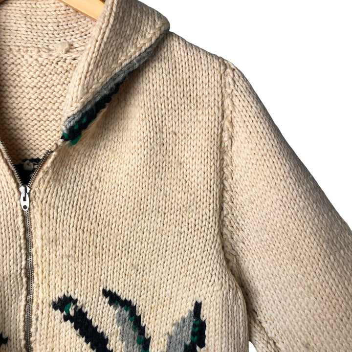 Vintage 1970'S duck print Cowichan sweater, size M, men's unclear yellow type Vintage Second Hand