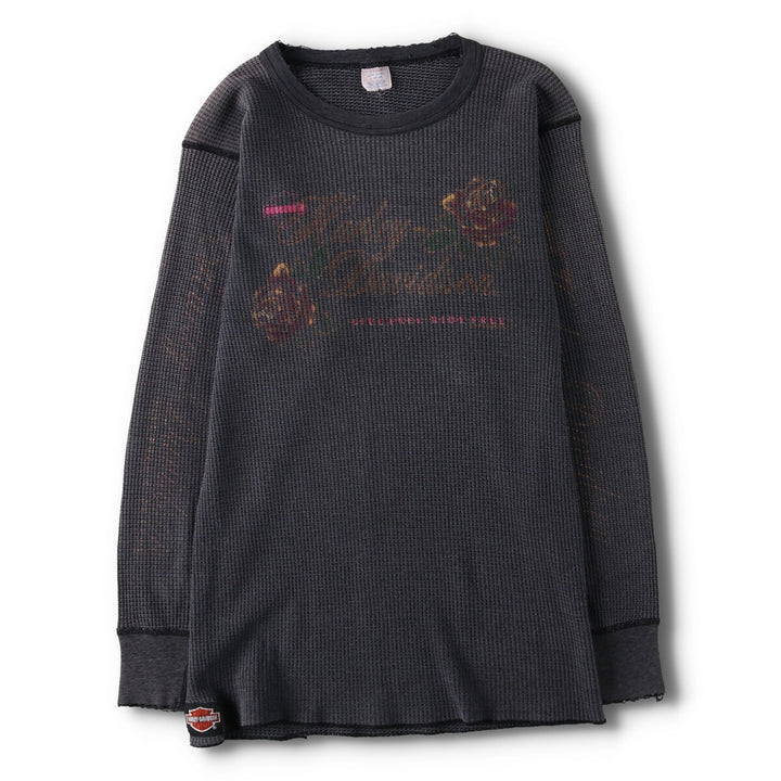 Vintage 80s-90'S JEMORGAN Harley-Davidson floral and rose print thermal long-sleeved T-shirt, waffle, made in the USA, women's size L polyester Charcoal Vintage Second Hand