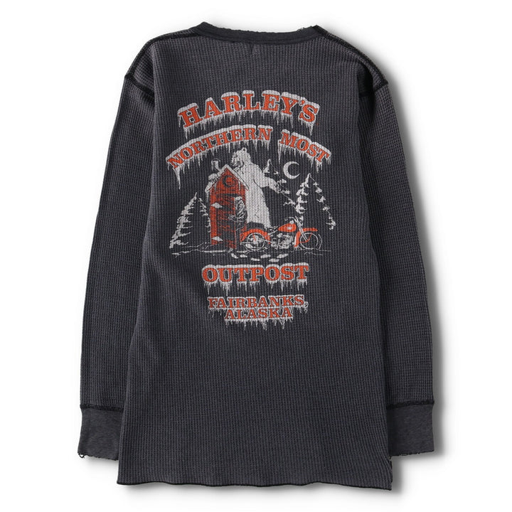 Vintage 80s-90'S JEMORGAN Harley-Davidson floral and rose print thermal long-sleeved T-shirt, waffle, made in the USA, women's size L polyester Charcoal Vintage Second Hand