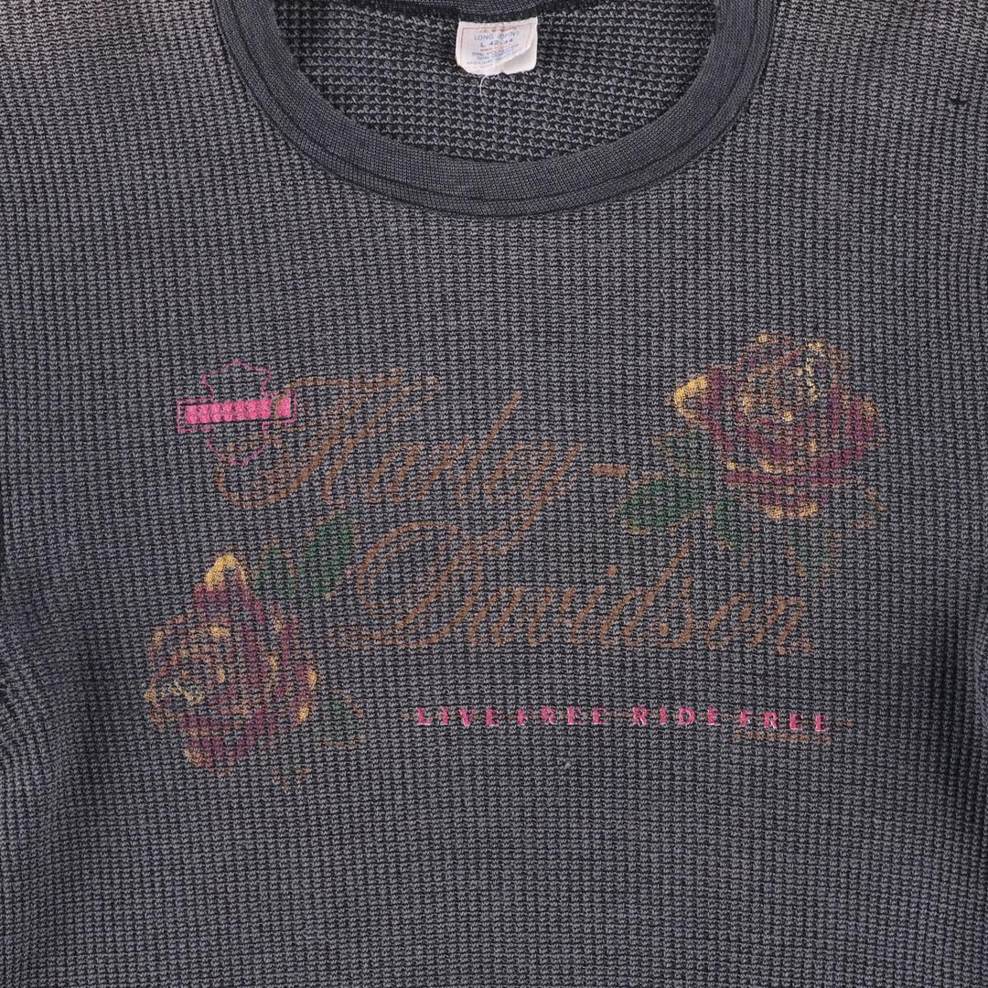 Vintage 80s-90'S JEMORGAN Harley-Davidson floral and rose print thermal long-sleeved T-shirt, waffle, made in the USA, women's size L polyester Charcoal Vintage Second Hand