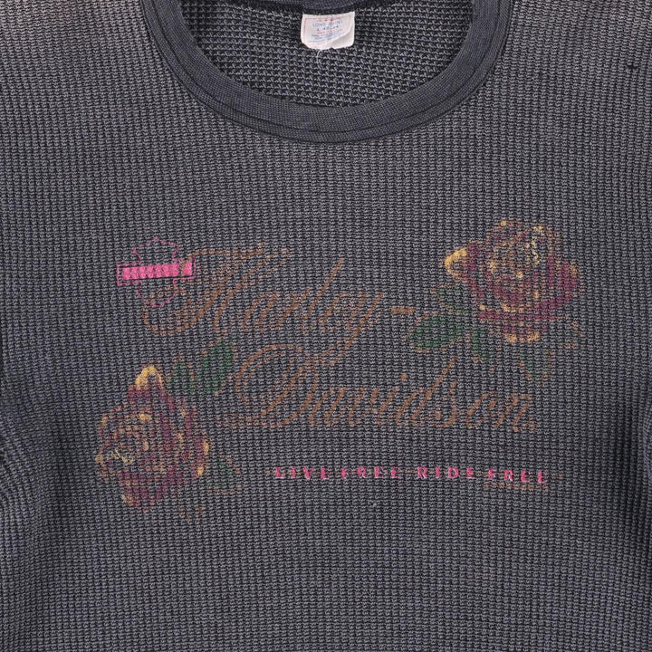 Vintage 80s-90'S JEMORGAN Harley-Davidson floral and rose print thermal long-sleeved T-shirt, waffle, made in the USA, women's size L polyester Charcoal Vintage Second Hand