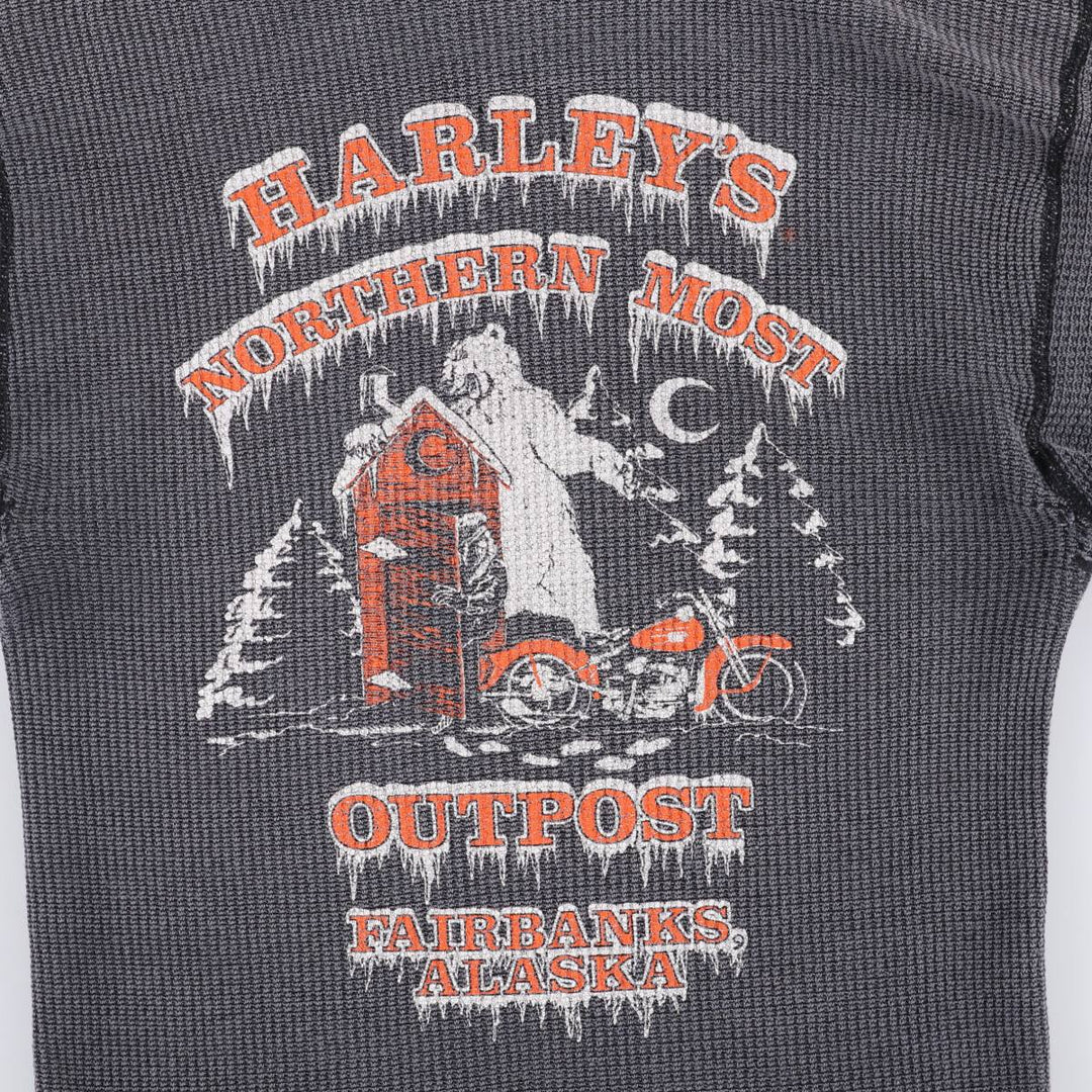 Vintage 80s-90'S JEMORGAN Harley-Davidson floral and rose print thermal long-sleeved T-shirt, waffle, made in the USA, women's size L polyester Charcoal Vintage Second Hand