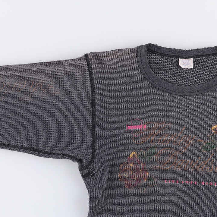 Vintage 80s-90'S JEMORGAN Harley-Davidson floral and rose print thermal long-sleeved T-shirt, waffle, made in the USA, women's size L polyester Charcoal Vintage Second Hand