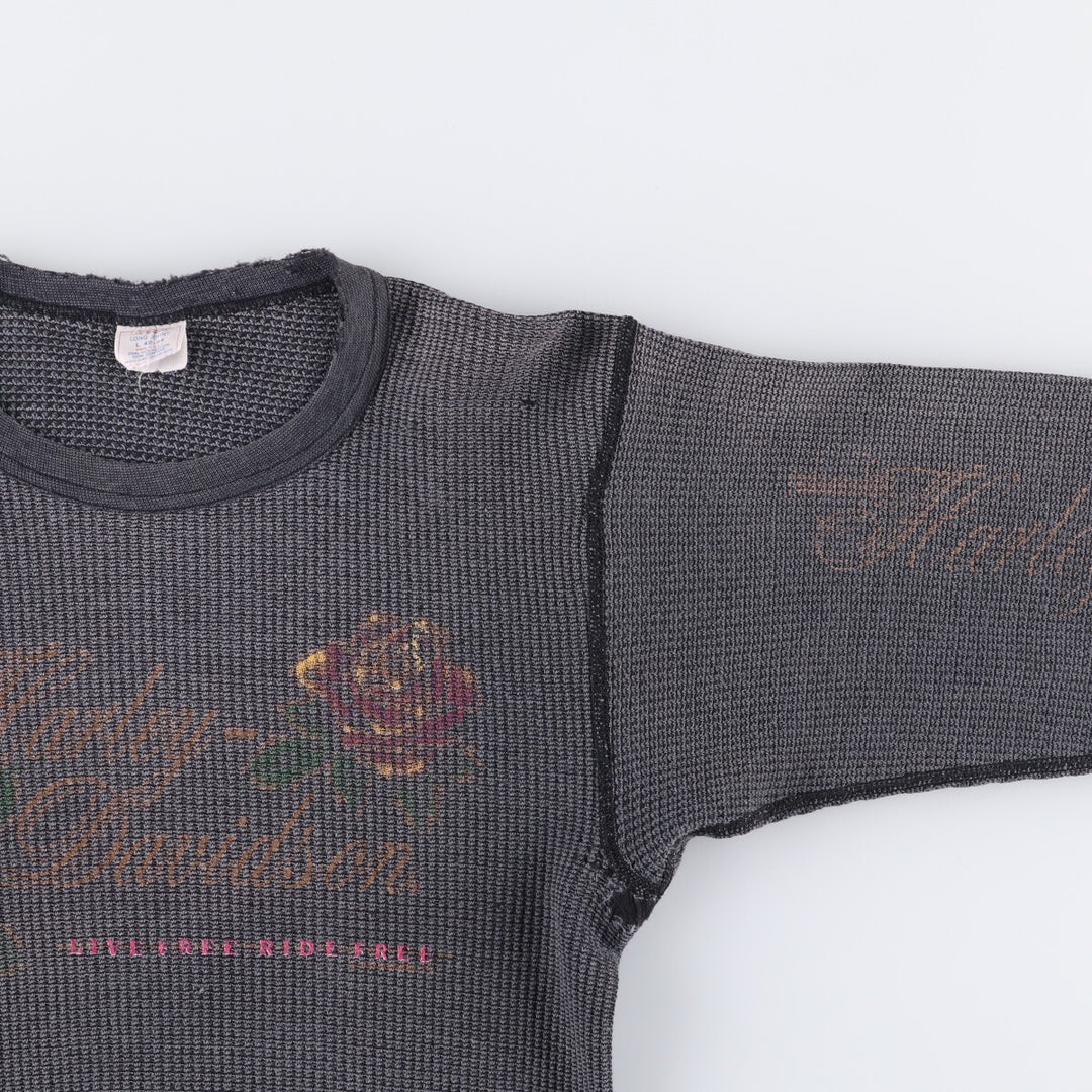 Vintage 80s-90'S JEMORGAN Harley-Davidson floral and rose print thermal long-sleeved T-shirt, waffle, made in the USA, women's size L polyester Charcoal Vintage Second Hand