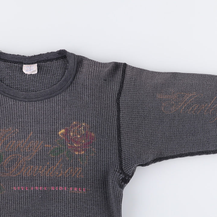 Vintage 80s-90'S JEMORGAN Harley-Davidson floral and rose print thermal long-sleeved T-shirt, waffle, made in the USA, women's size L polyester Charcoal Vintage Second Hand