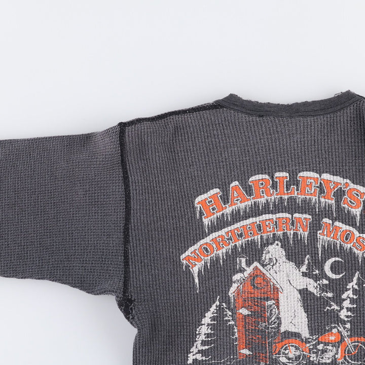 Vintage 80s-90'S JEMORGAN Harley-Davidson floral and rose print thermal long-sleeved T-shirt, waffle, made in the USA, women's size L polyester Charcoal Vintage Second Hand