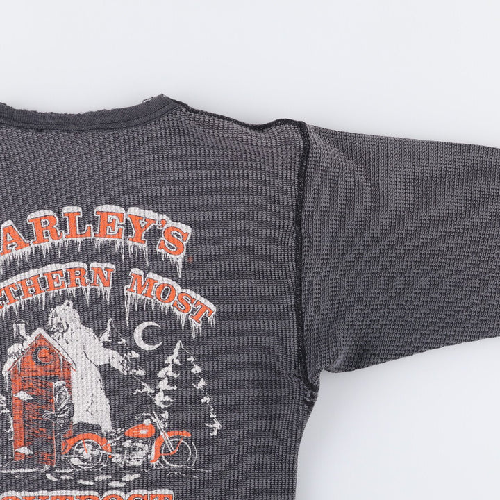 Vintage 80s-90'S JEMORGAN Harley-Davidson floral and rose print thermal long-sleeved T-shirt, waffle, made in the USA, women's size L polyester Charcoal Vintage Second Hand