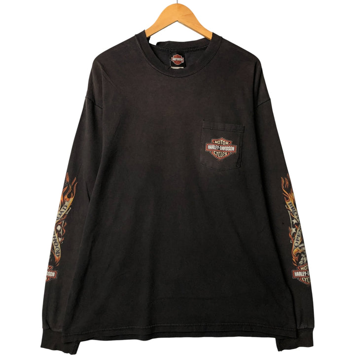 2000'S Harley-Davidson Motorcycle Eagle Pattern Fire Pattern Long Sleeve T-Shirt Made in USA cotton Charcoal Vintage Second Hand