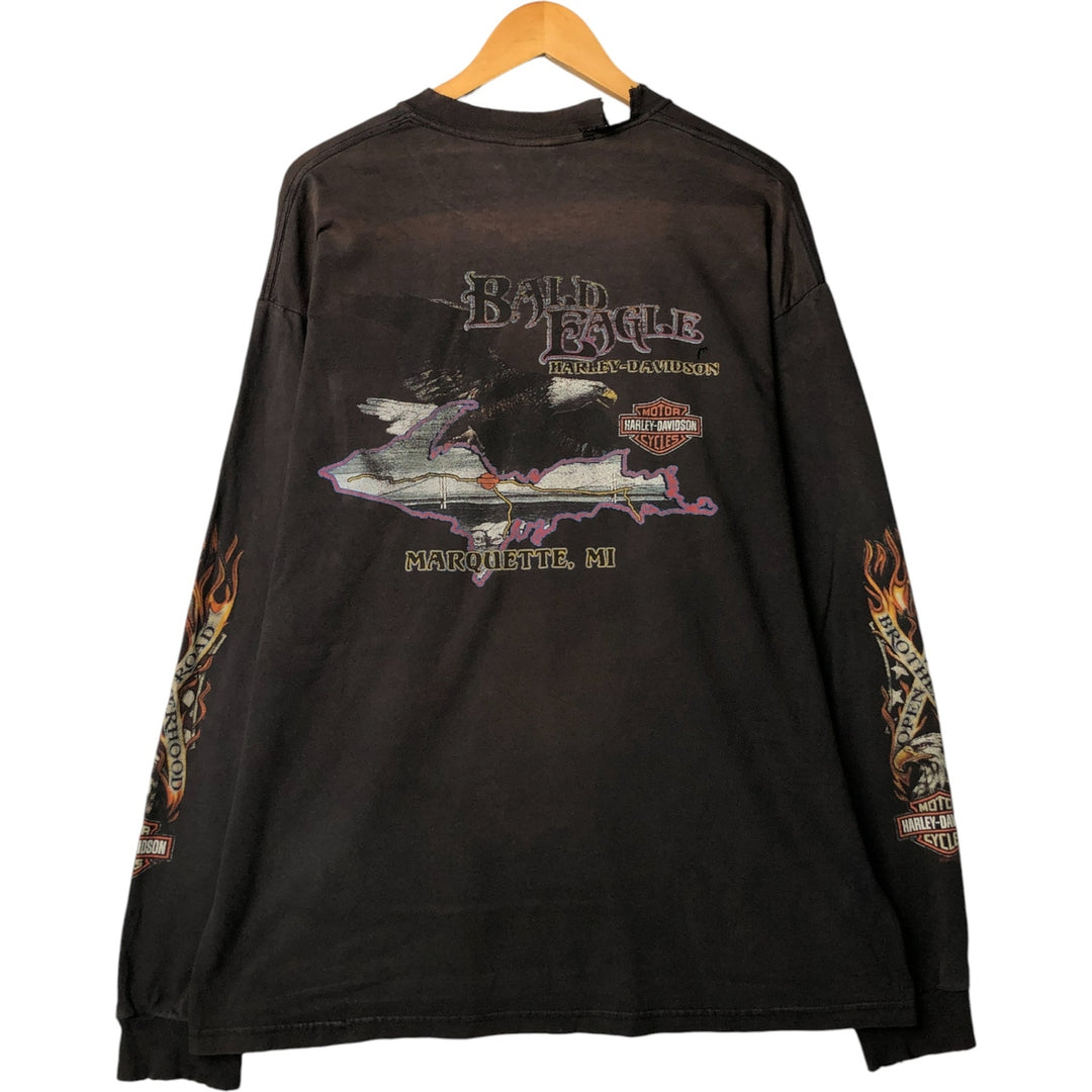 2000'S Harley-Davidson Motorcycle Eagle Pattern Fire Pattern Long Sleeve T-Shirt Made in USA cotton Charcoal Vintage Second Hand