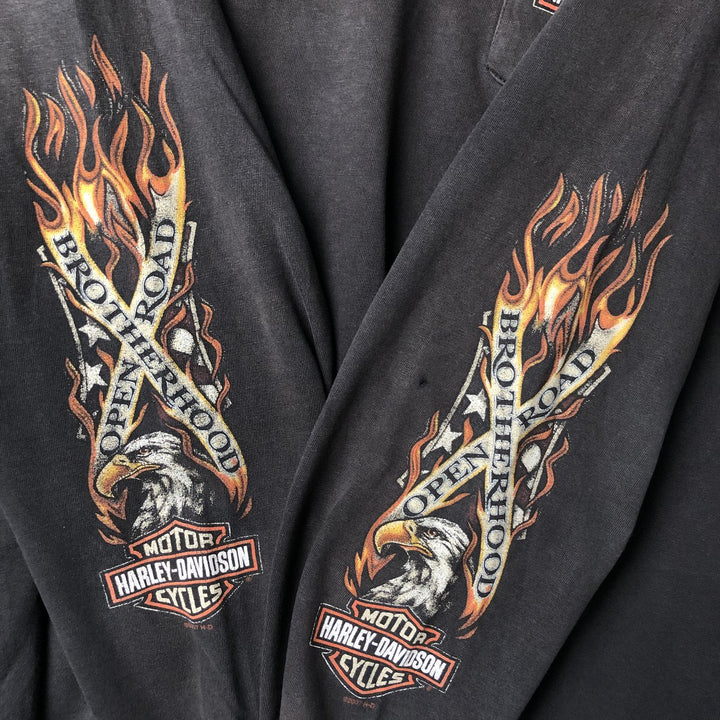 2000'S Harley-Davidson Motorcycle Eagle Pattern Fire Pattern Long Sleeve T-Shirt Made in USA cotton Charcoal Vintage Second Hand