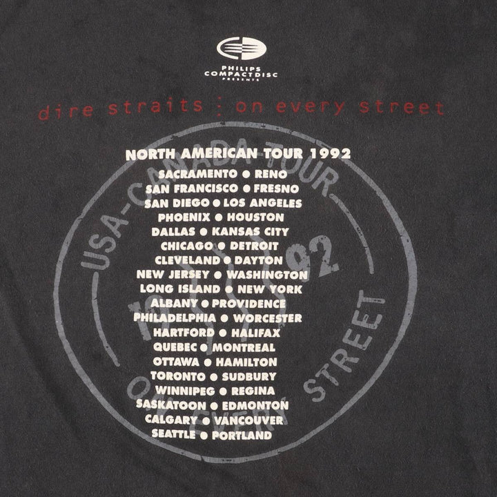 90'S Hanes Dire Straits on Every Street North American Tour 1992 Blue Tag Band T-Shirt, Made in USA cotton black type Vintage Second Hand