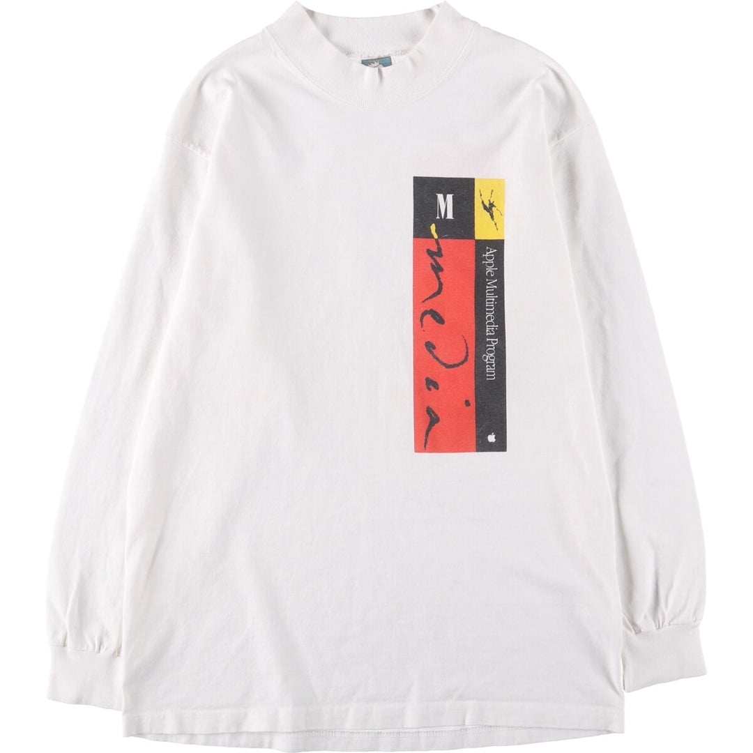 Vintage 90'S Anvil Apple Multimedia Program Promo Mock Neck Long Sleeve T-Shirt, Made in USA, Men's Size Medium cotton white type Vintage Second Hand