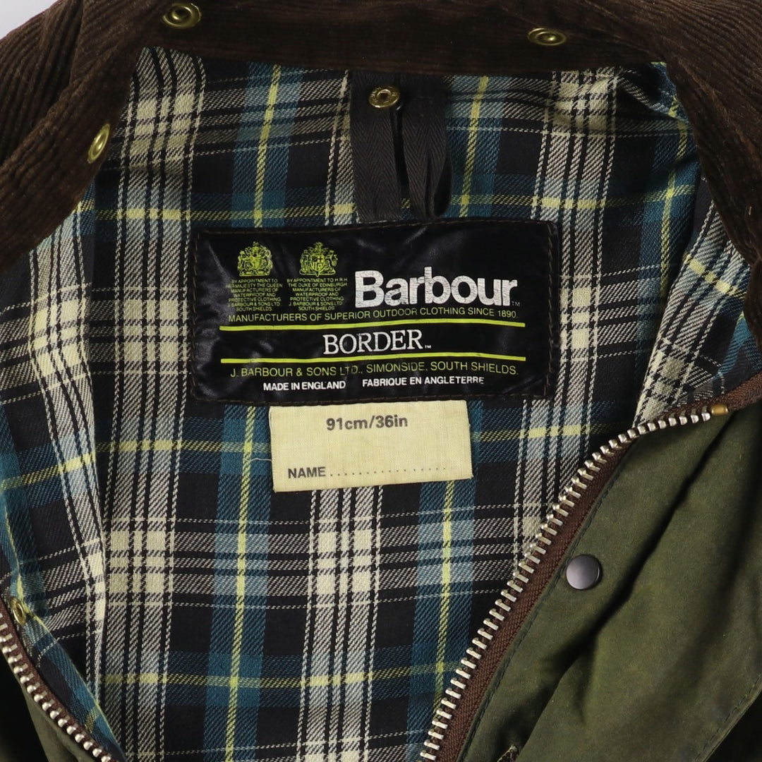 1980'S Barbour BORDER 2 Warrant Waxed Cotton Oiled Jacket, Made in England, Men's Size Small unclear Khaki type Vintage Second Hand
