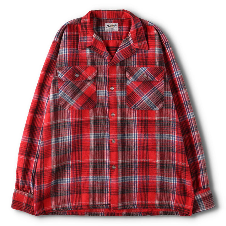 Vintage 60s-70'S BELL CRAFT long-sleeved flannel check box shirt, made in the USA, size L, men's unclear red type Vintage Second Hand