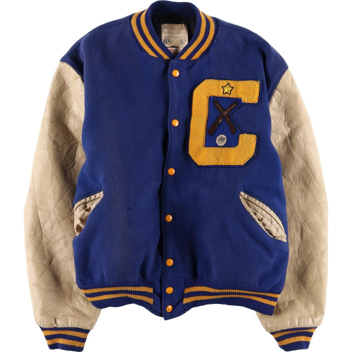 LEE'S SPORTING GOOD CO. Padded Varsity Jacket with Leather Sleeves and Wool Buttons, Men's Size L, Vintage unclear navy blue type Vintage Second Hand