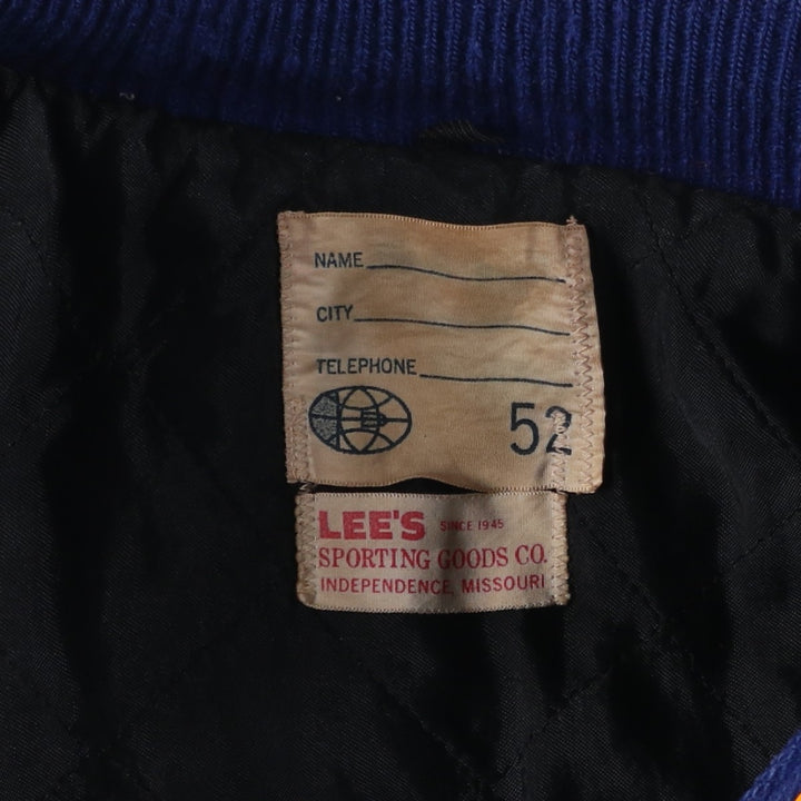 LEE'S SPORTING GOOD CO. Padded Varsity Jacket with Leather Sleeves and Wool Buttons, Men's Size L, Vintage unclear navy blue type Vintage Second Hand