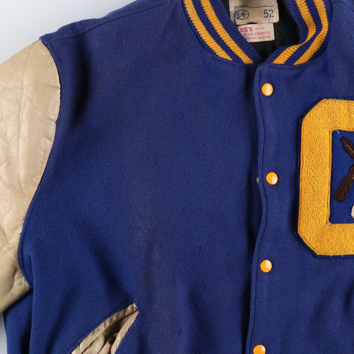 LEE'S SPORTING GOOD CO. Padded Varsity Jacket with Leather Sleeves and Wool Buttons, Men's Size L, Vintage unclear navy blue type Vintage Second Hand