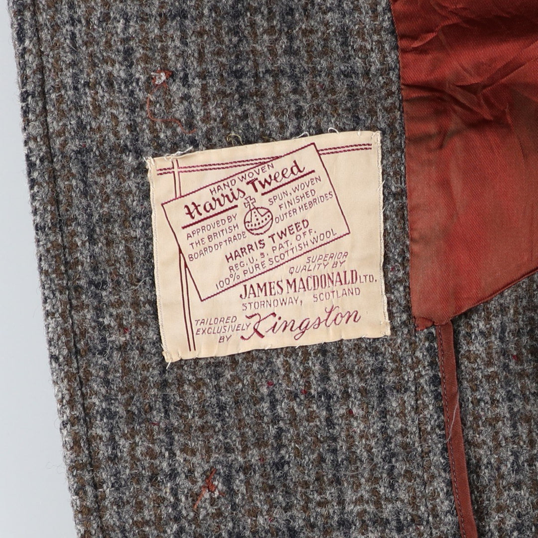 Vintage Harris Tweed Check Pattern Wool Long Coat, Men's Size L wool gray type Vintage Second Hand