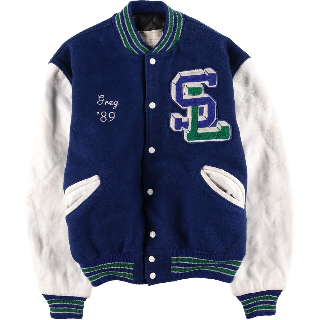 Vintage 1980'S DeLONG padded varsity jacket with leather and wool buttons, made in the USA, men's size XL Recycled wool blue type Vintage Second Hand