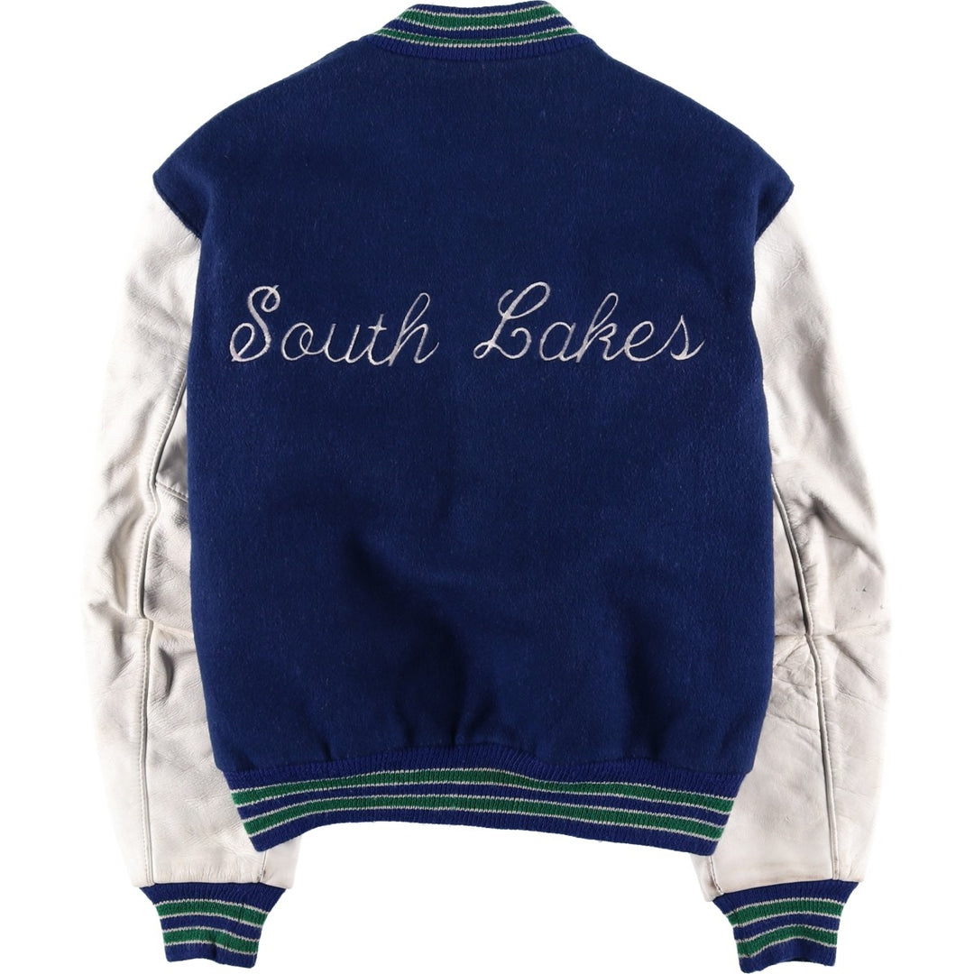 Vintage 1980'S DeLONG padded varsity jacket with leather and wool buttons, made in the USA, men's size XL Recycled wool blue type Vintage Second Hand