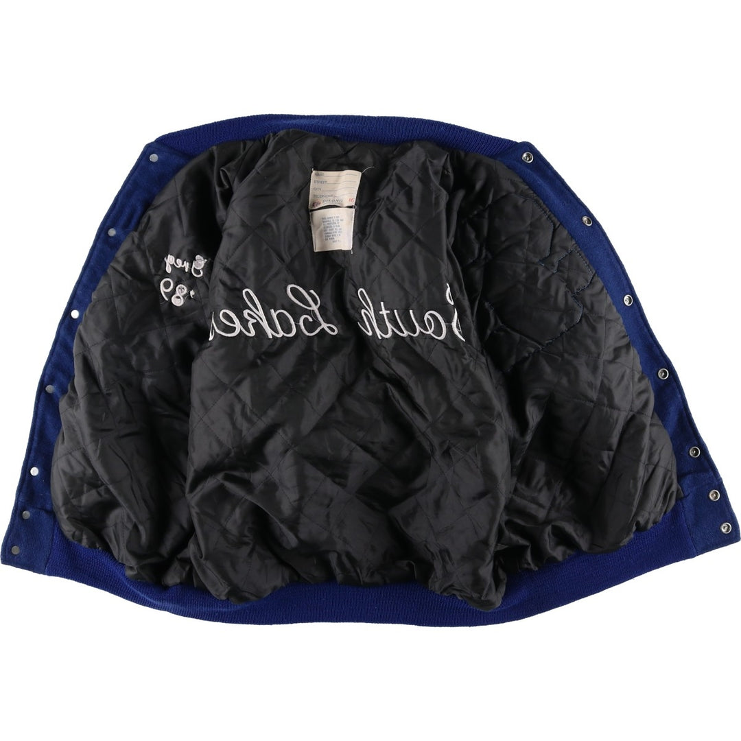 Vintage 1980'S DeLONG padded varsity jacket with leather and wool buttons, made in the USA, men's size XL Recycled wool blue type Vintage Second Hand