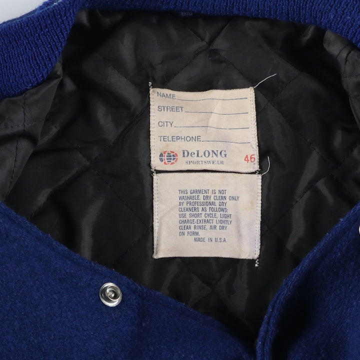 Vintage 1980'S DeLONG padded varsity jacket with leather and wool buttons, made in the USA, men's size XL Recycled wool blue type Vintage Second Hand