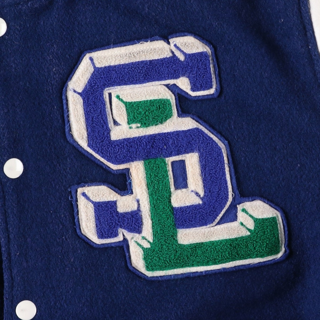 Vintage 1980'S DeLONG padded varsity jacket with leather and wool buttons, made in the USA, men's size XL Recycled wool blue type Vintage Second Hand