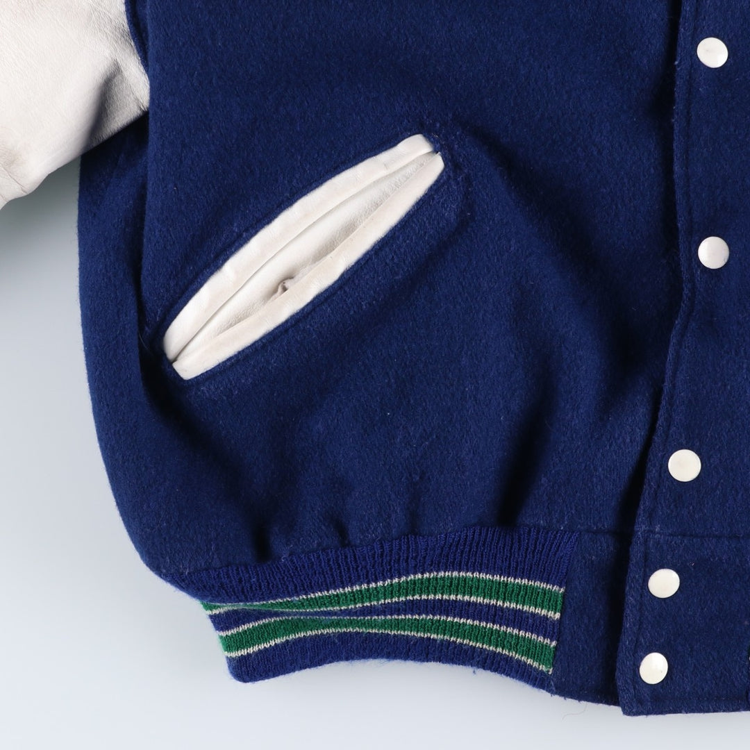 Vintage 1980'S DeLONG padded varsity jacket with leather and wool buttons, made in the USA, men's size XL Recycled wool blue type Vintage Second Hand