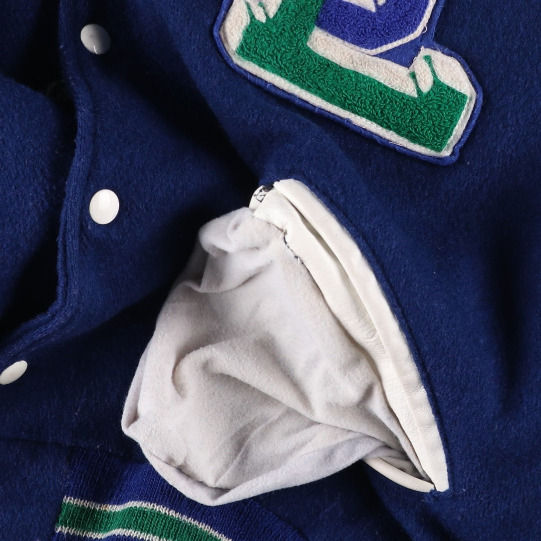 Vintage 1980'S DeLONG padded varsity jacket with leather and wool buttons, made in the USA, men's size XL Recycled wool blue type Vintage Second Hand