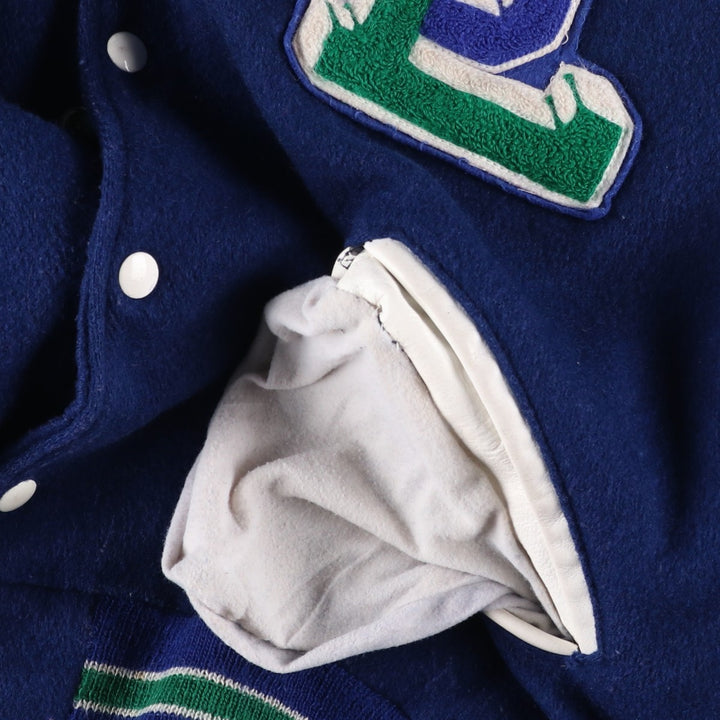 Vintage 1980'S DeLONG padded varsity jacket with leather and wool buttons, made in the USA, men's size XL Recycled wool blue type Vintage Second Hand