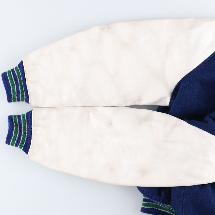 Vintage 1980'S DeLONG padded varsity jacket with leather and wool buttons, made in the USA, men's size XL Recycled wool blue type Vintage Second Hand