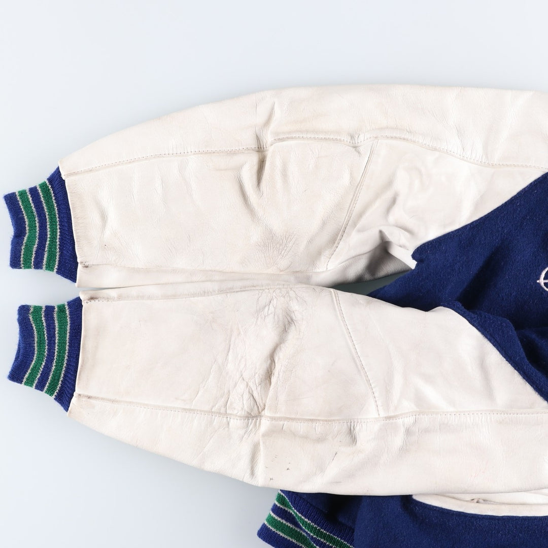 Vintage 1980'S DeLONG padded varsity jacket with leather and wool buttons, made in the USA, men's size XL Recycled wool blue type Vintage Second Hand