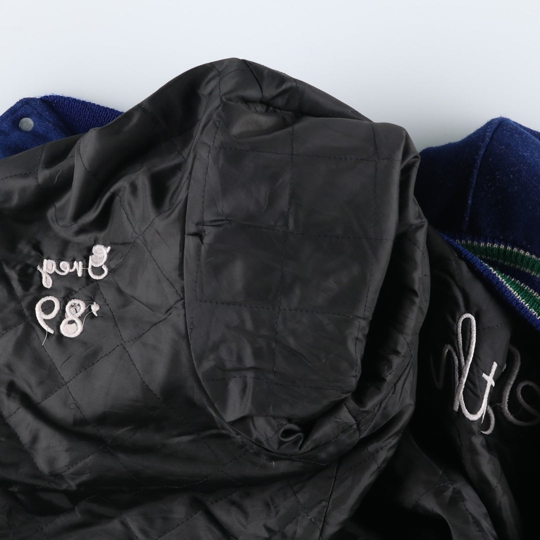 Vintage 1980'S DeLONG padded varsity jacket with leather and wool buttons, made in the USA, men's size XL Recycled wool blue type Vintage Second Hand