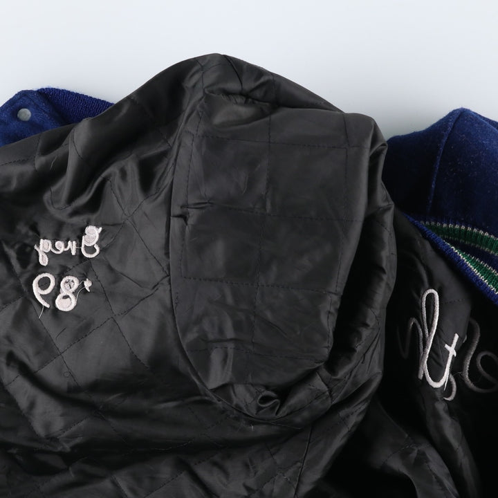 Vintage 1980'S DeLONG padded varsity jacket with leather and wool buttons, made in the USA, men's size XL Recycled wool blue type Vintage Second Hand